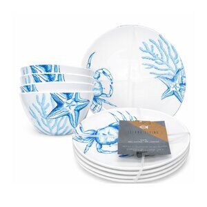 Island Living Melamine Dinnerware 4pc Set Blue White Crab Starfish Plates Bowls